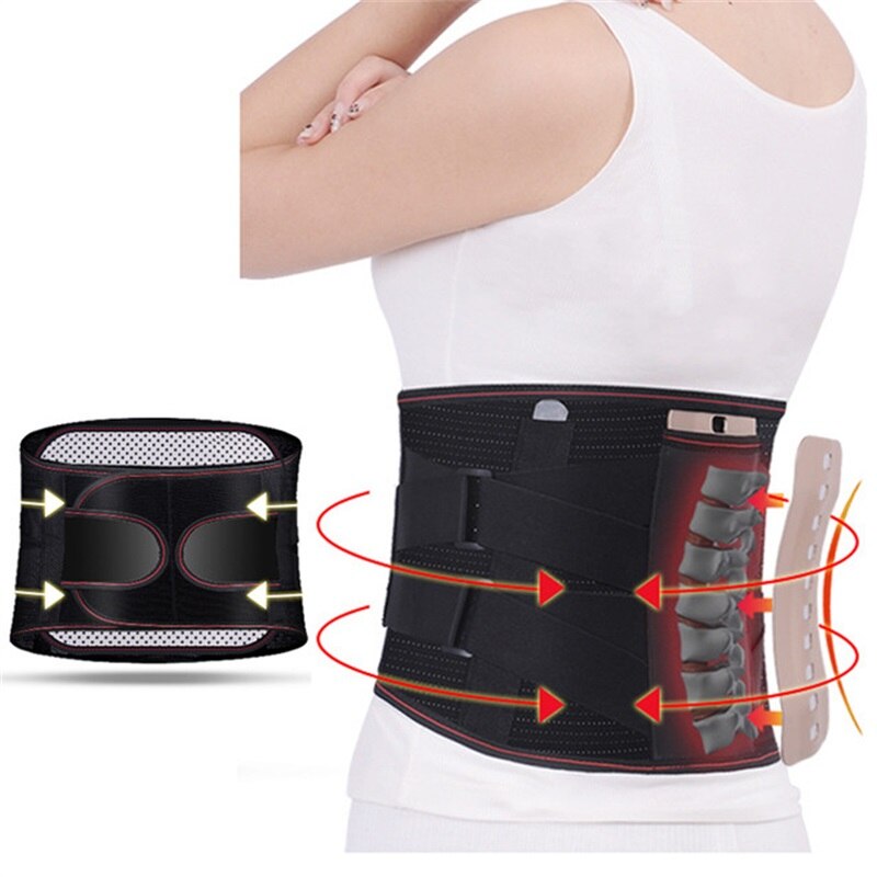 Ortopædiske mænd kvinder lændestøtte rygbøjlebælte turmalin selvopvarmende magnetisk udvidet taljebælte stålben med 3 stk pad: Sort / L