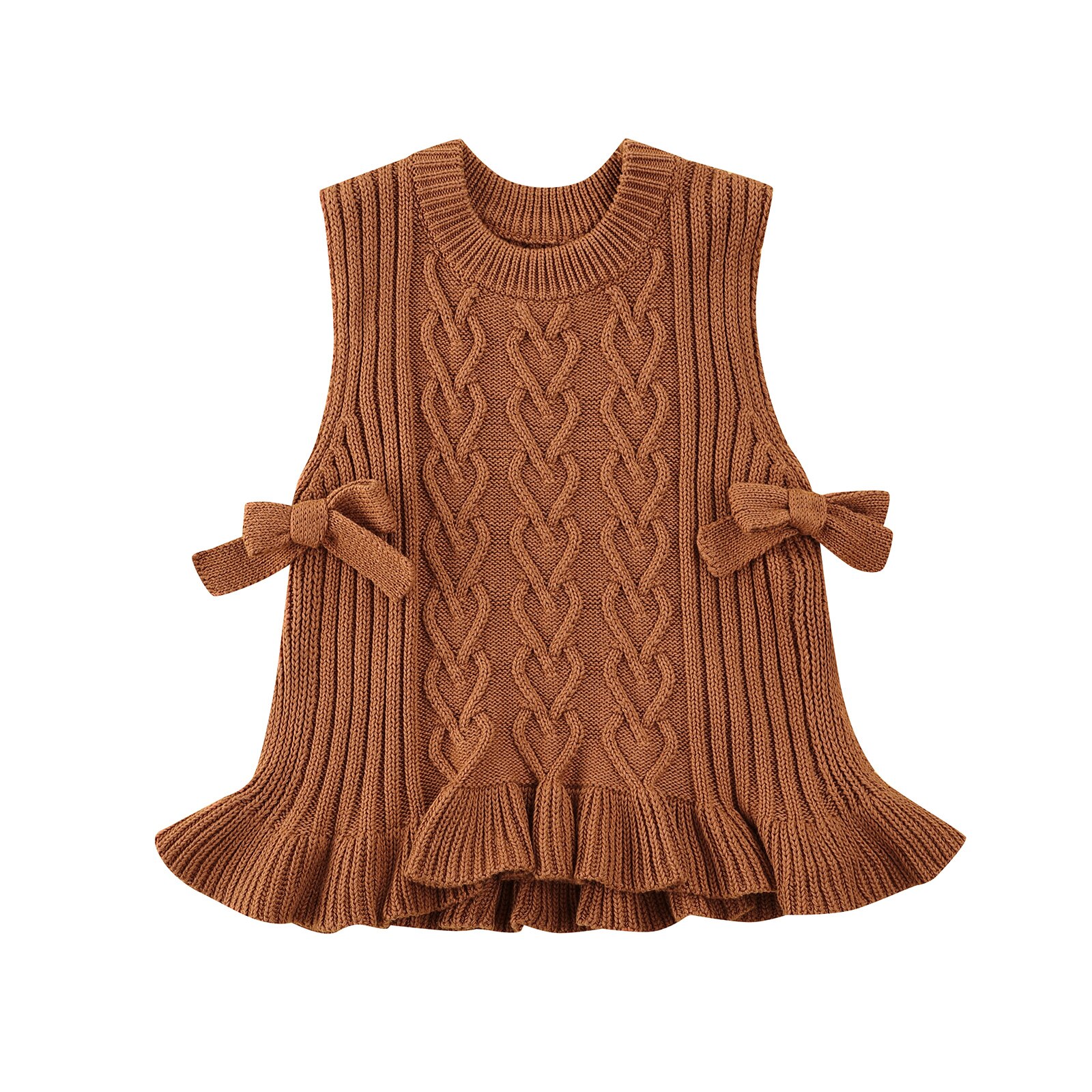 Gilet maglione lavorato a maglia per bambina autunno inverno caldo cavo lavorato a maglia tinta unita Pullover senza maniche gilet 6 mesi-3 anni: Brown / 2-3 Years