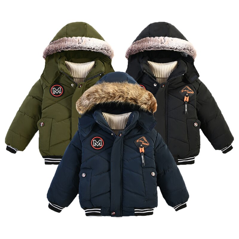 Thick Keeping Warm Winter Boys Jacket Fur collar Letter Hooded Windbreaker Outerwear For Kids Children Heavy Coats