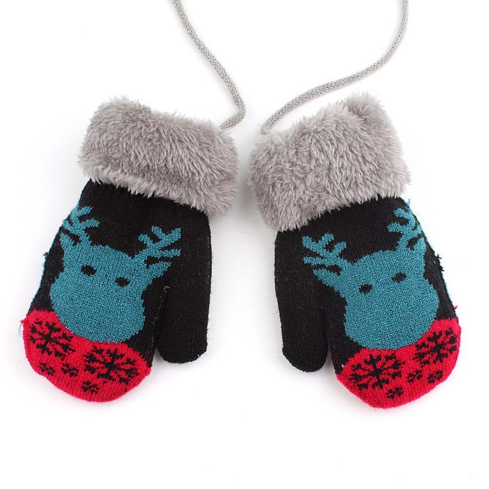 Christmas Toddler Baby Winter Cartoon Deer Velvet Knitted Mittens Gloves Boy Girl Kids Children Outdoor Child Gloves: black