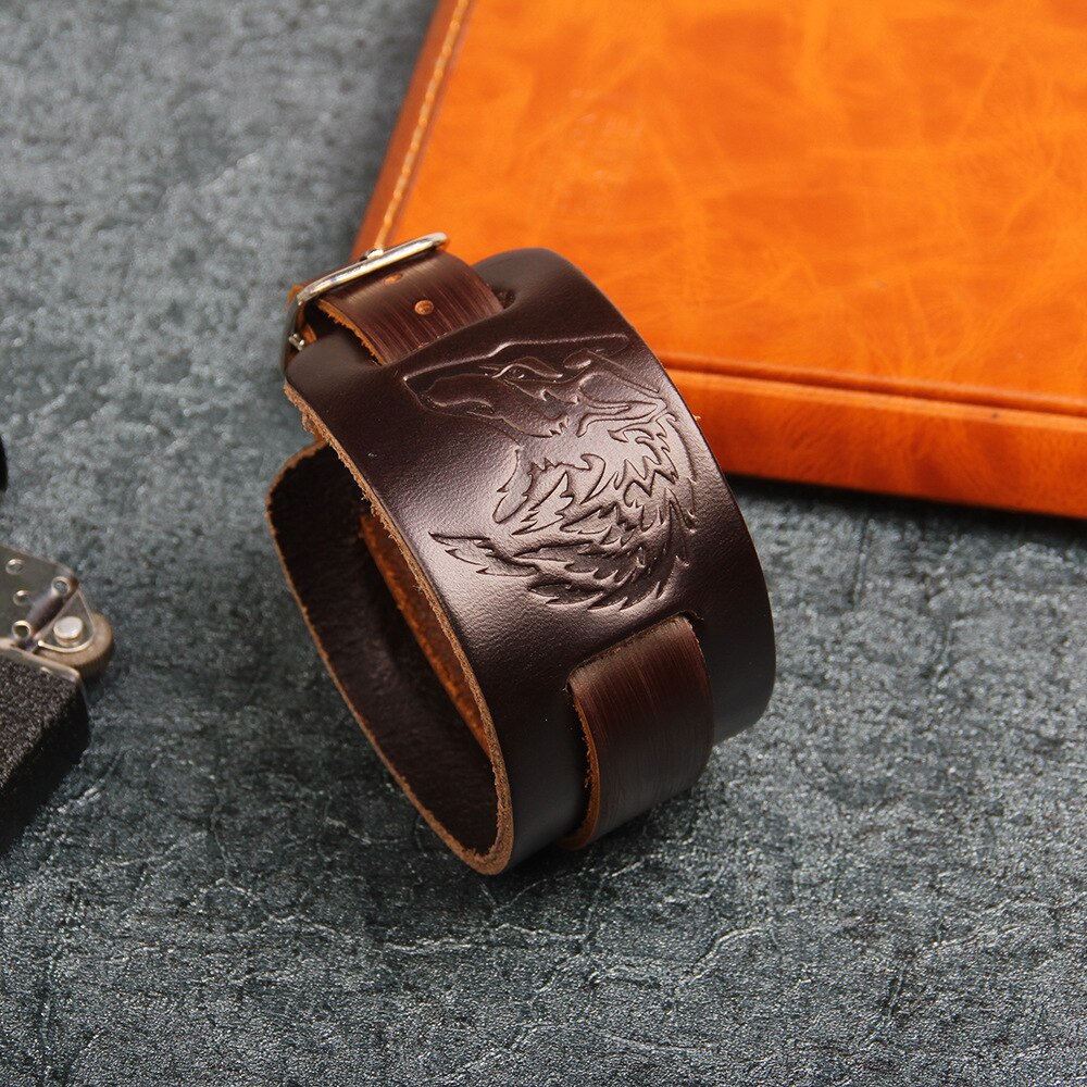 Bracelet empreinte Totem tête de loup style punk rock bracelet cuir homme et femme bijoux: QABR02