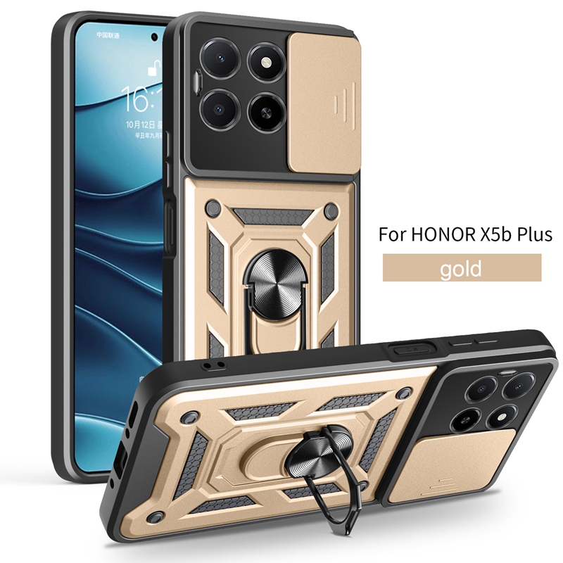 Para Honor X5b Plus 4G funda a prueba de golpes armadura soporte magnético anillo cubierta de teléfono Honor X5b / X5b Plus Fundas de protección de cámara: Madera / Azul cielo