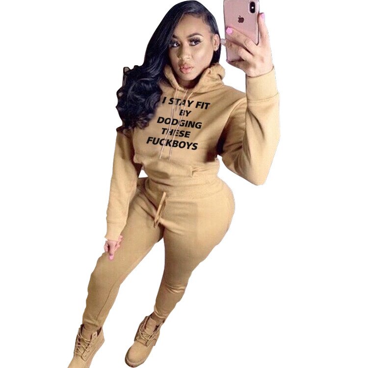 Women's Letter Print Hooded Sweatshirt & Pants Set - 2 Piece Casual Tracksuit Outfits