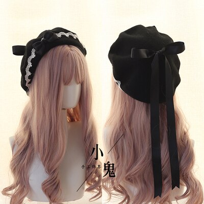 Søt jente lolita kjole tilbehør rosa kawaii bowknot beret søt blonder lett matchende høst vinter loli lue: 10