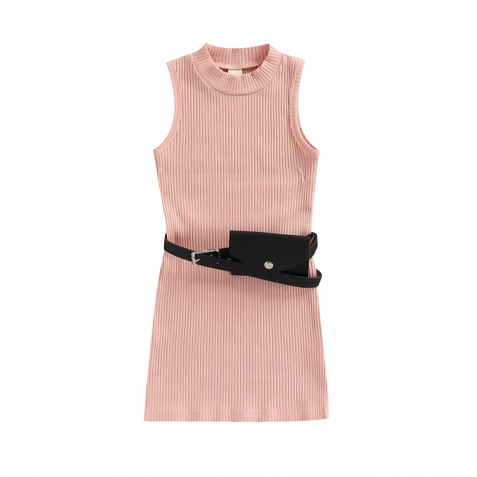 Vestido de verano para niñas de 1 a 6 años con cuello redondo, sin mangas, Color sólido, con cinturón y bolsa: Rosa / 3 años