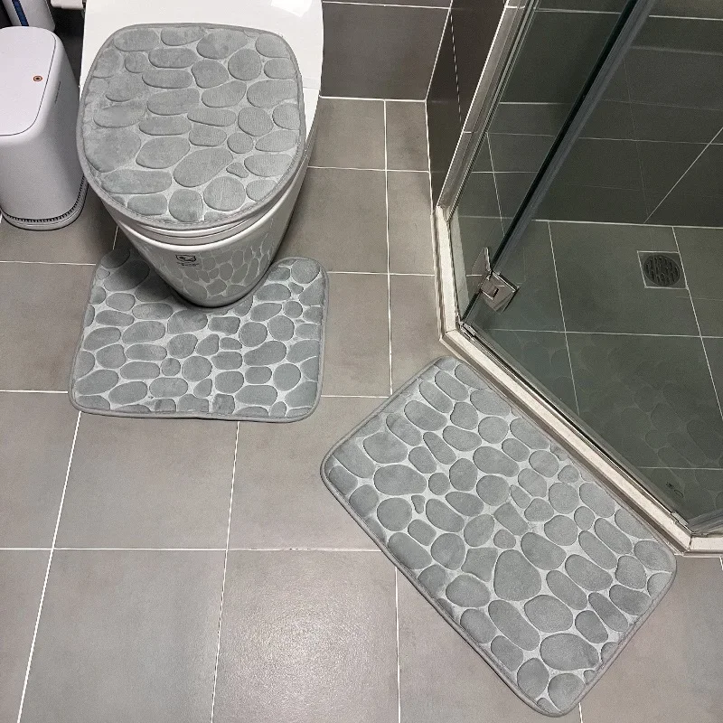 3PCS/Set Non-slip Soft Bath Mat Toilet Cover Carpet Cobblestone Embossed Floor Mat Bathroom Absorb Water Can Be Washed 욕실 매트: green