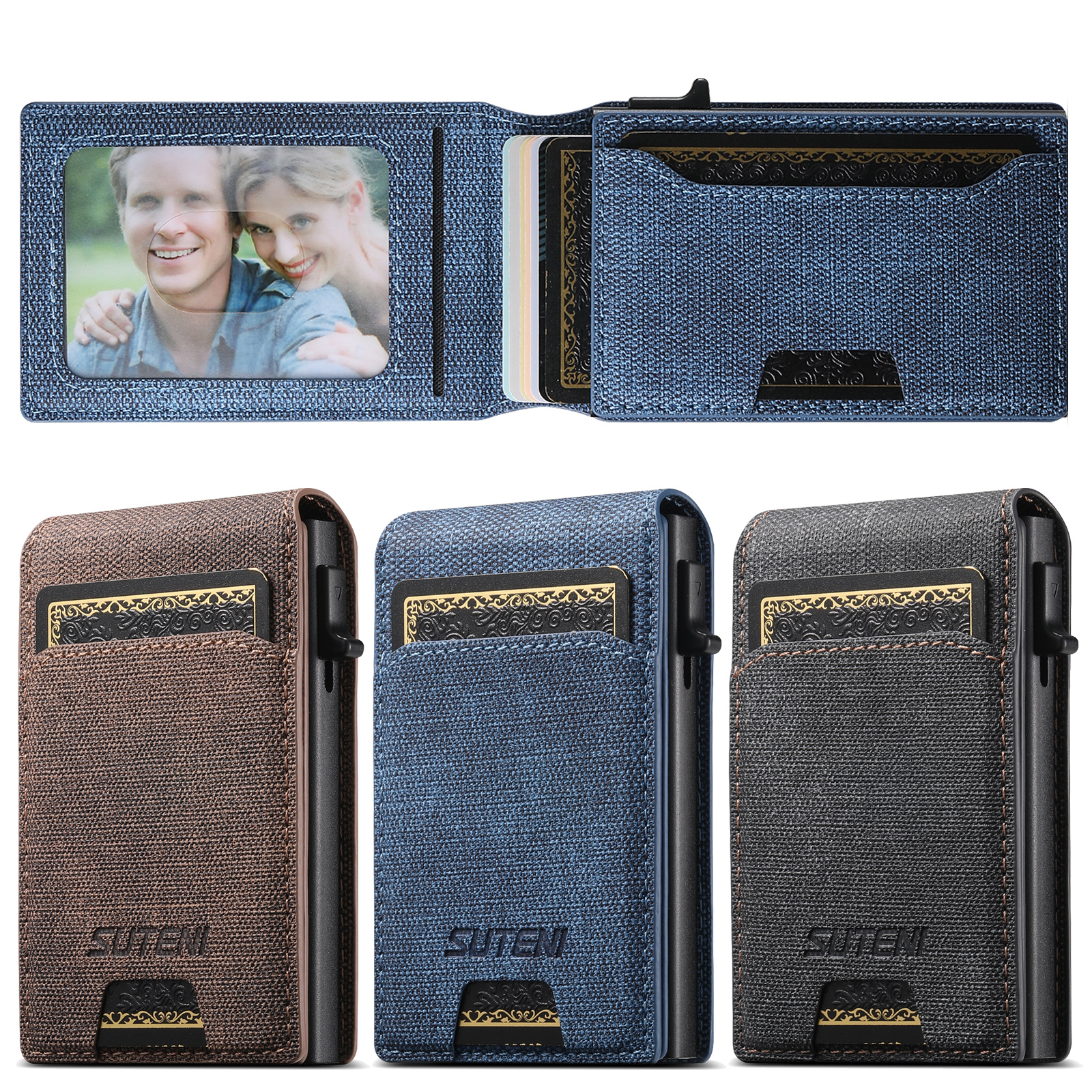 Push-out Card PU leather Card Holder Wallet Holder Large Capacity Can Hold 1-12 Cards 1 Photo Black/Brown/Blue