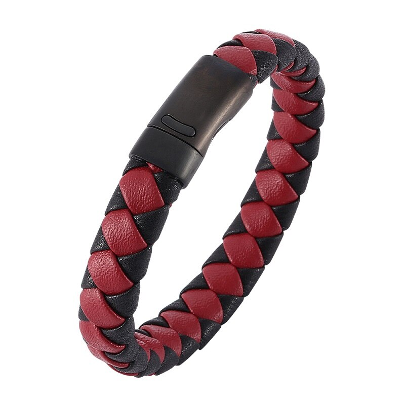 Trendy rød&sort flettet læderarmbånd herre smykker sort rustfrit stål magnetisk lås mandlige armbånd armbånd  st0028