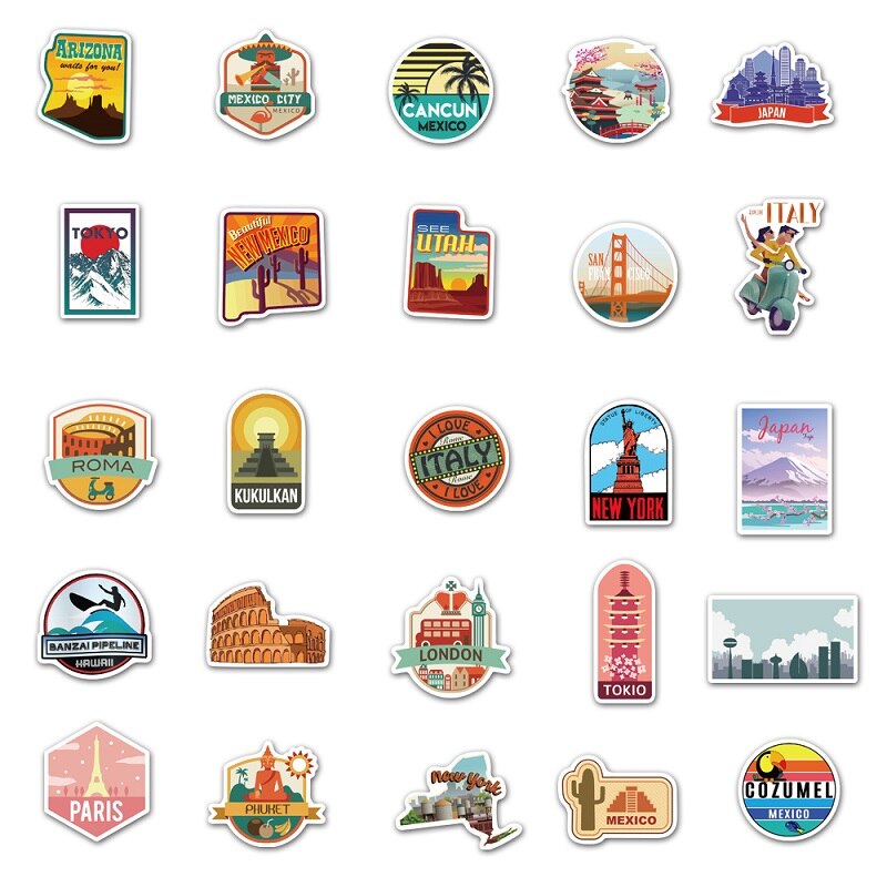 10/25/50PCS Global Travel City Landscape Stickers Decal Vinyl for Suitcase Skateboard Laptop Guitar Sticker