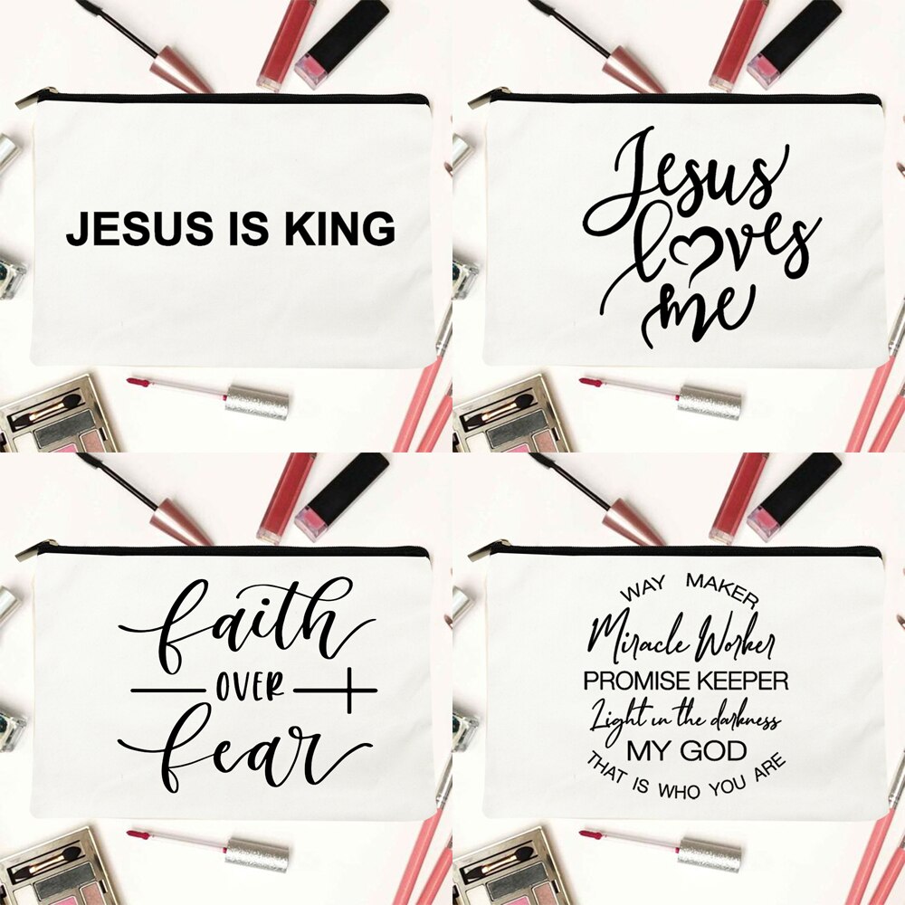 My God Christian Cosmetic Bags Christ Printing Makeup Cases Women Lipstick Bag Harajuku Purse Organizer Eco Casual Canvas Pouch
