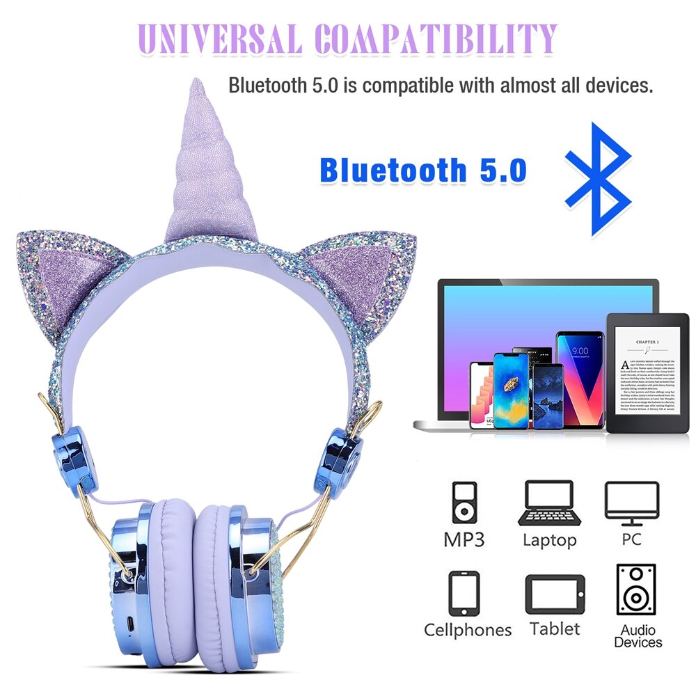 Unicorn Wireless Headphones Bluetooth 5.0 Girl headhand Noise Cancelling Headset with Mic Wireless Auriculares