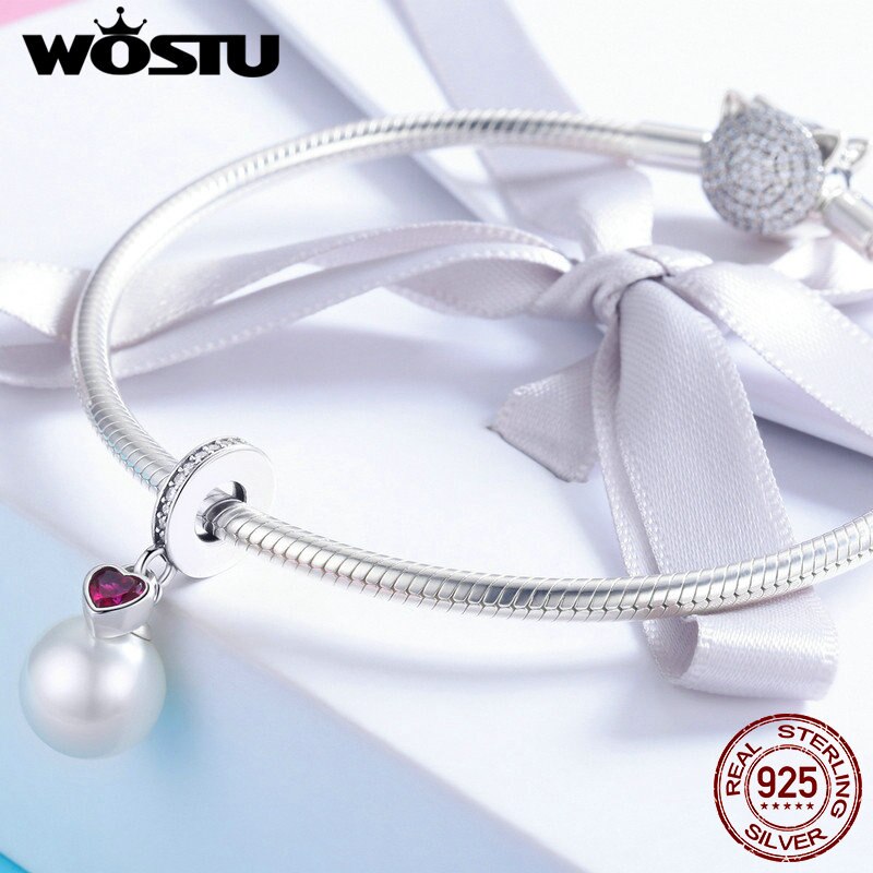 WOSTU 100% Plata de Ley 925 perla corazón CZ colgante encantos Ajuste Original mujer pulsera collar joyería de FIC782