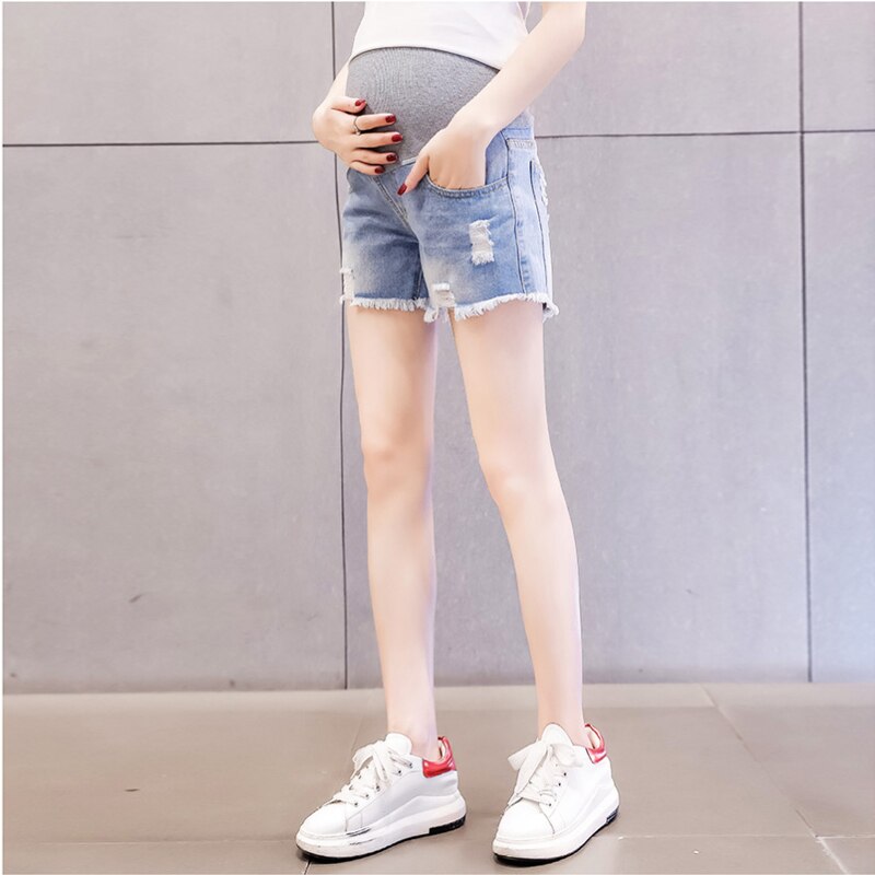 Sommer Denim Mutterschaft Shorts Elastische Taille Bauch Kurze Jeans Kleidung für Schwangere Frauen Zerrissenen Loch Schwangerschaft