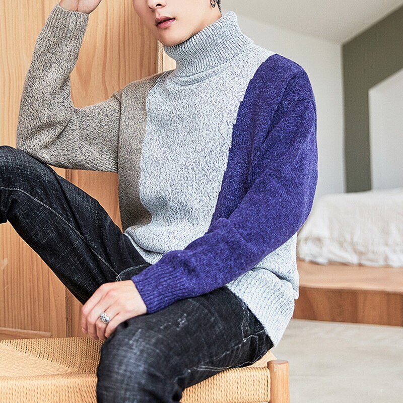 Rullekrave trøjer til mænd syninger farve simpel all-match løs harajuku chic koreansk herre tøj strikke pullover