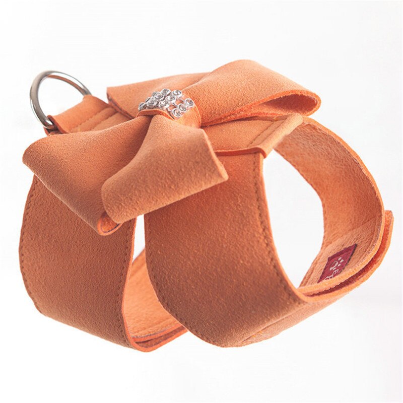 Harnais en cuir suédé souple pour petit chien, pour chiot, Chihuahua Yorkie, mignon, avec nœud en laisse, strass rose: orange with leash / L chest 35-45cm