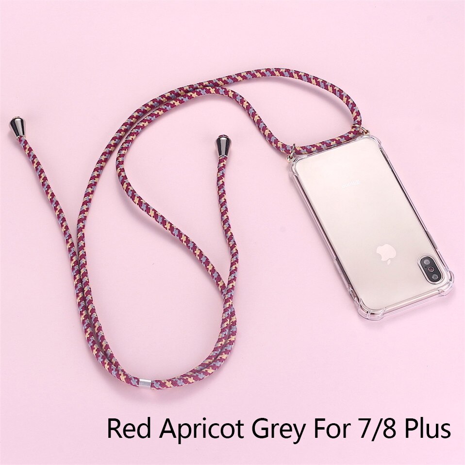 Strap Cord Chain Phone Tape Necklace Lanyard Mobile Phone Case for iPhone 7Plus 8Plus Carry Cover Case to Hang On Apple 7+ 8plus: Red Apricot Grey