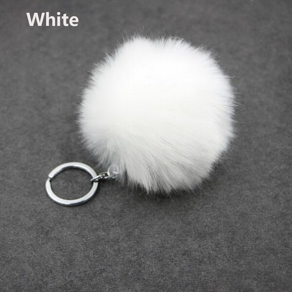 de Navidad Artificial Bola de pelo de conejo de peluche de felpa Fuzzy Llavero de pelo llavero con pompón coche bolsa llavero colgante de llavero de la joyería: White