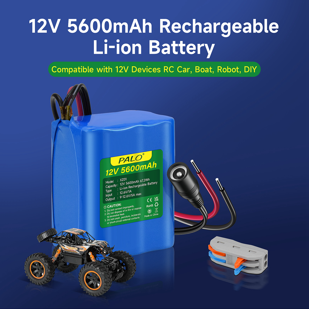 PALO 12V 5.6Ah batería recargable de iones de litio 5600mAh batería portátil para dispositivos de 12V, coche RC, barco, Robot, DlY + cargador