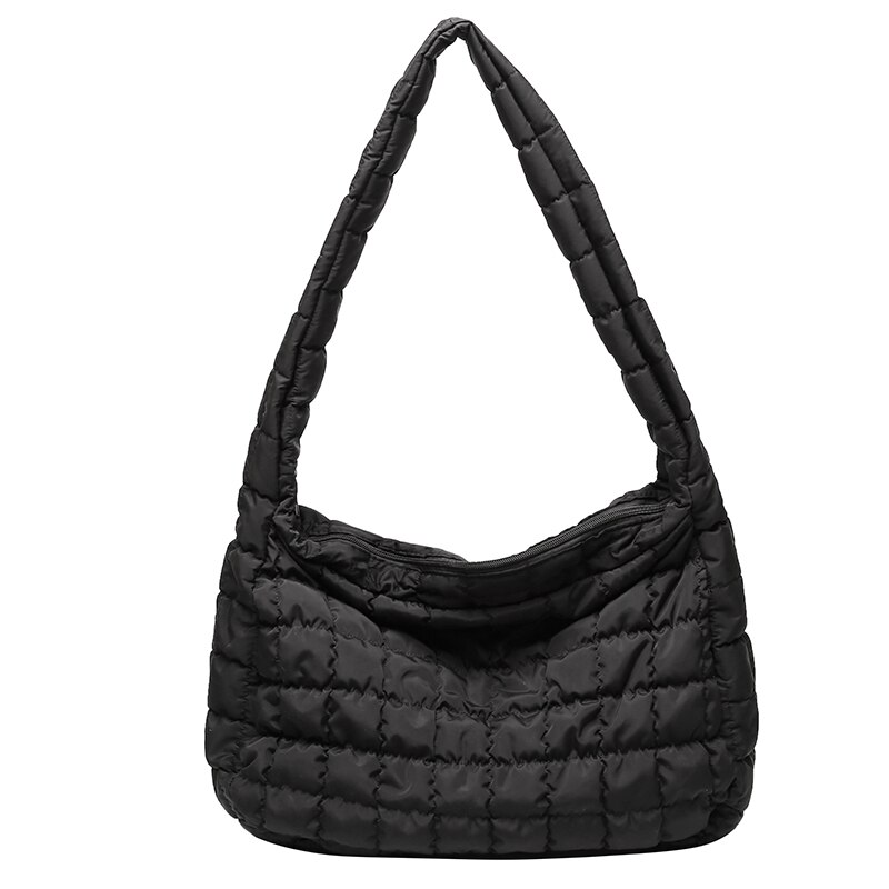 Novo inverno pena para baixo acolchoado hobo sacos para as mulheres 2020 treliça diamante quente crossbody saco feminino grande espaço algodão bolsa de ombro: black