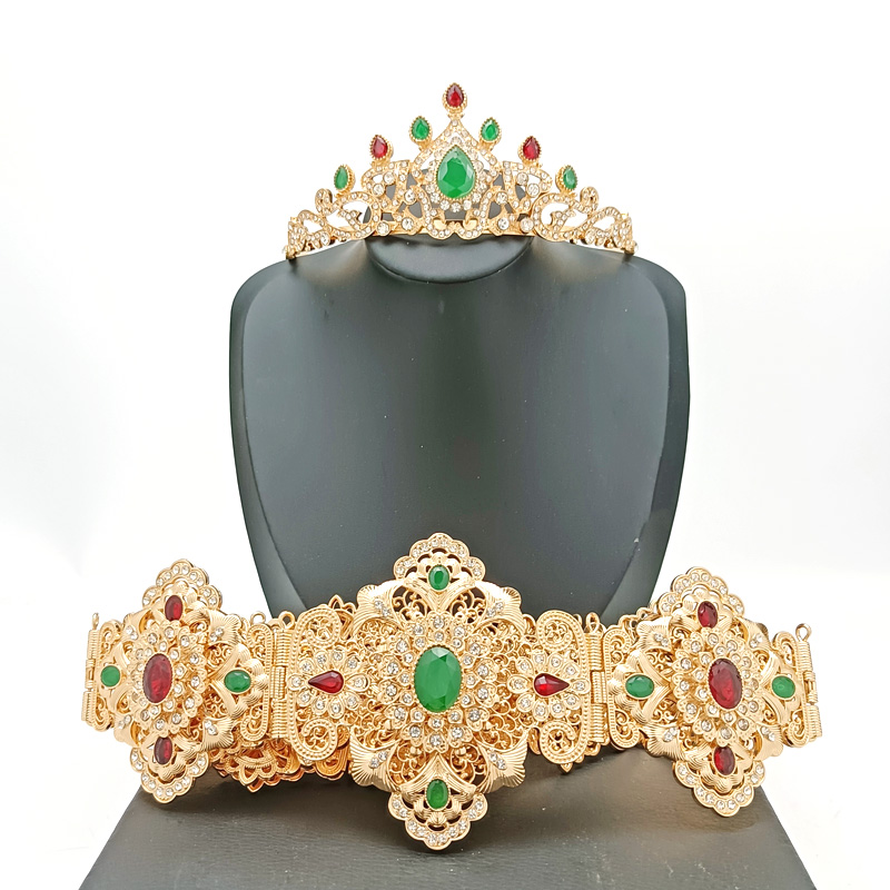 Abaya Metal Waist Chain for Women's Wedding Dress Body Jewelry Gold Moroccan Belt Adjustable Length Bridal Hair Jewelry Set: Set 3