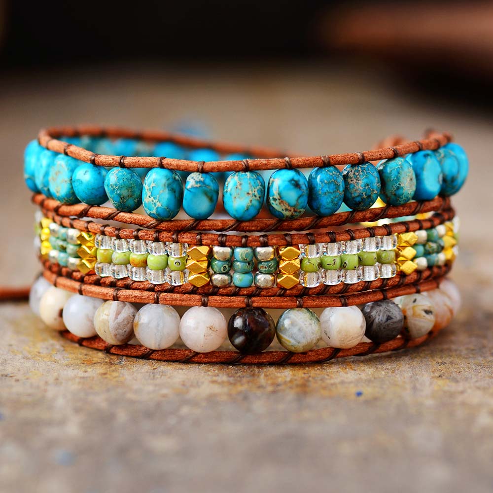 Exquisite Multi Strand Leather Wrap Bracelets W/ Natural Stone Beads Bracelet Bijoux Bohemian Seed Beads Jewelry A+++++