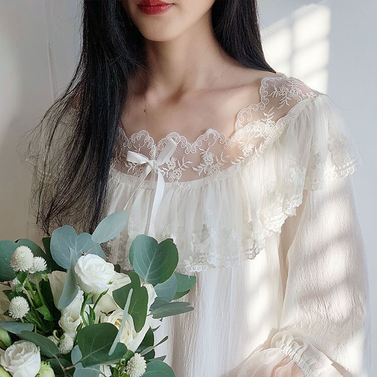 Vrouwen Lolita Jurk Prinses Sleepshirts Vintage Dame Palace Stijl Bloem Borduren Kant Nachthemden. Nachthemd Slaap Loungewear