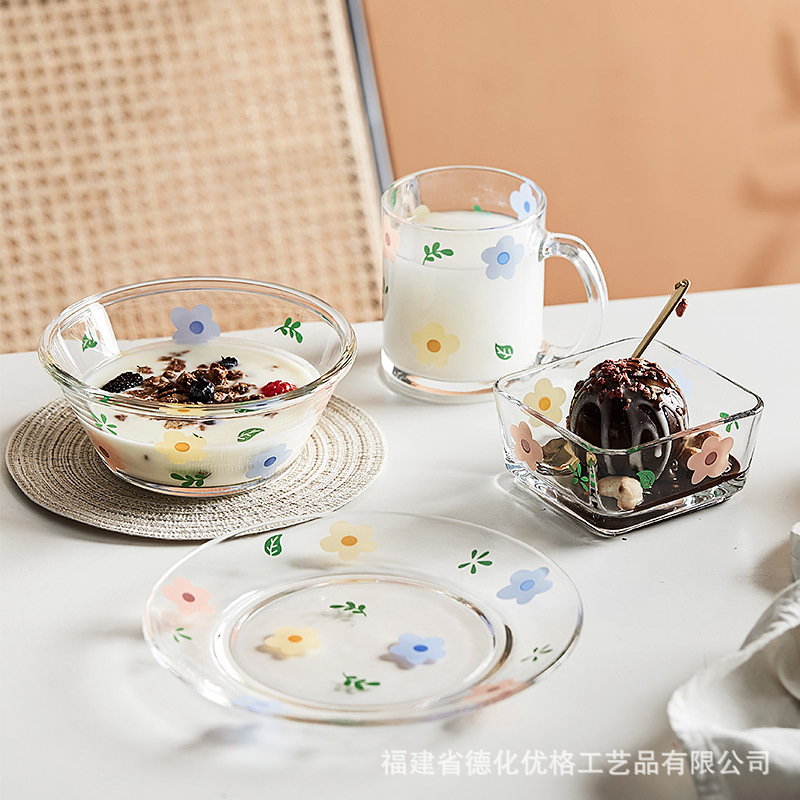 Assiette en verre de fleur cassée, ensemble de vaisselle, tasse de lait de ménage coréen, bassin à Dessert, jolie fille, petite assiette de fruits dîner