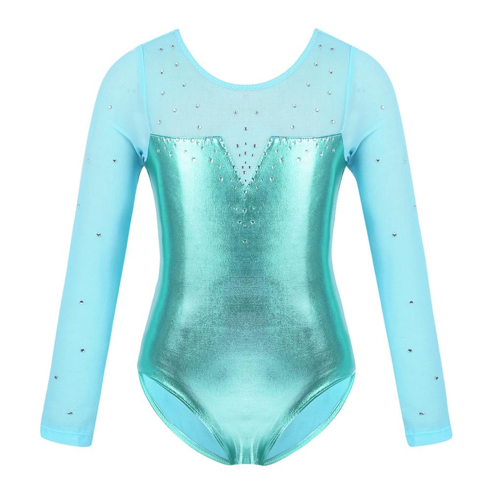 iEFiEL Kids Girls Dance Costumes Sparkly Rhinestone Metallic Ballerina Ballroom Dance Gymnastics Leotard Bodysuit Turnpakje: Lake Green / 12