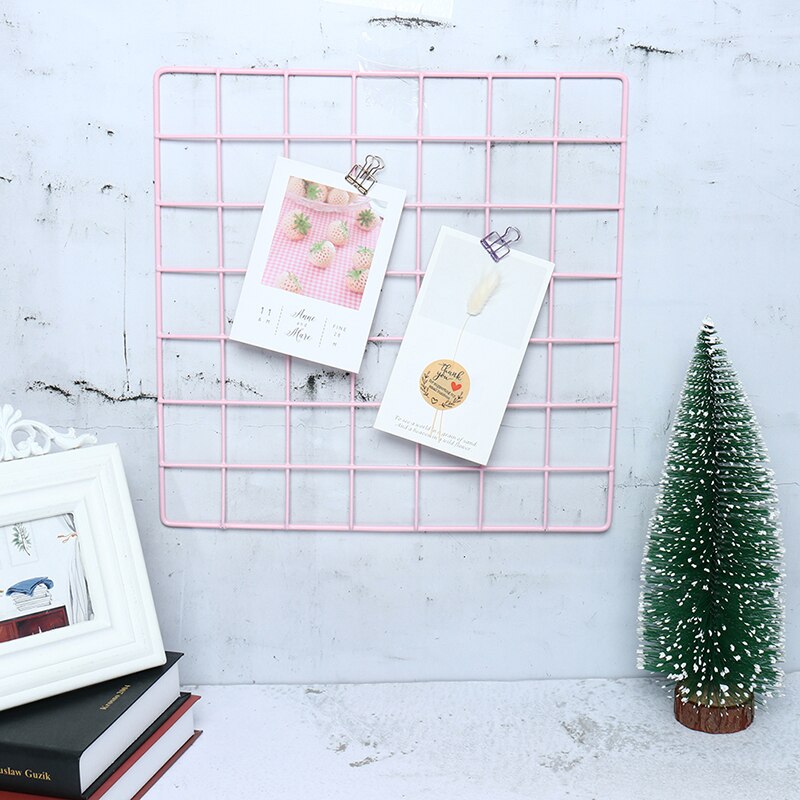 Style Metal Grid Photo Frame Wall Art Display Mesh Storage Shelf Organizer Rack Holder Home Decoration 20/35/50cm: Pink square 35x35cm