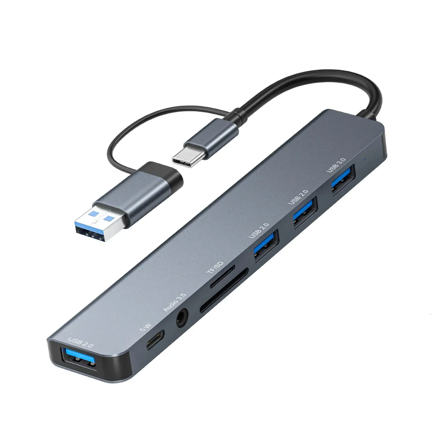 Airies USB 3.0 en aluminium 8 en 1, z 1 X USB 3.0, 3 X USB 2.0 i 1 X USB C, czytnik kart SD/TF, 3,5 mm, porty m.com