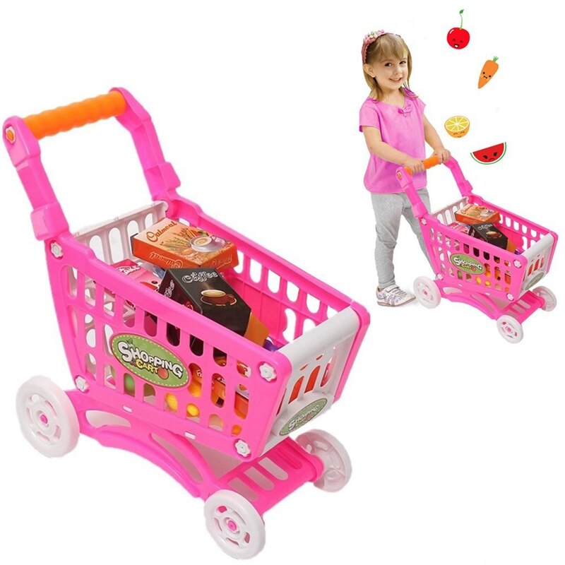 1Set Kids Simulation Supermarket Shopping Cart Mini Trolley With Fruit Vegetable