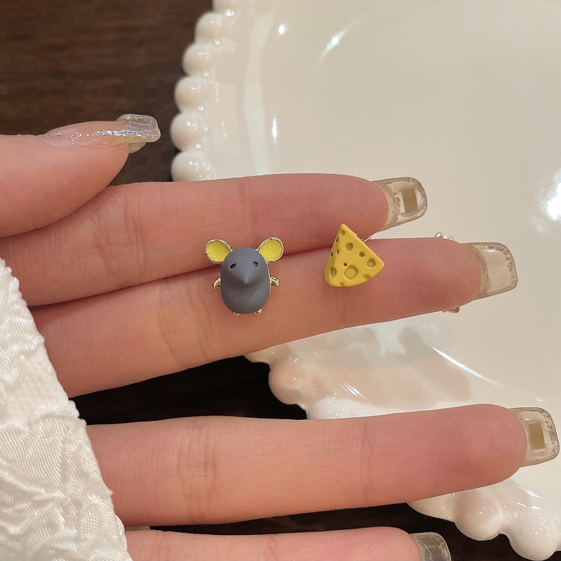 Kinder Asymmetrische Dier Kat Liefde Hart Oorbellen Mooie Grijze Muis & Kaas Konijn & Bloem Oorknopjes Student Sieraden