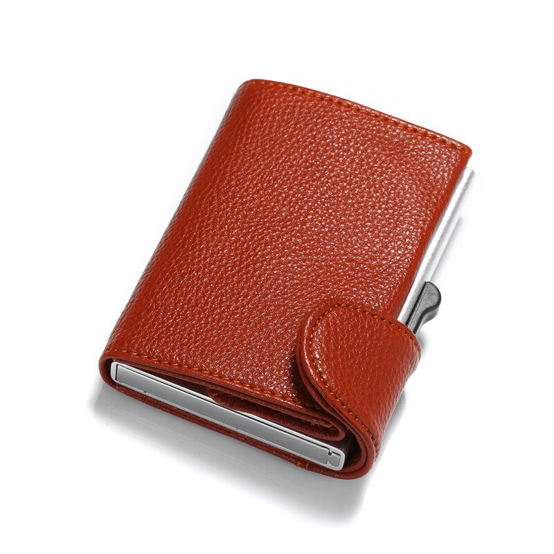 BISI GORO Metal RFID Credit Card Holder Single Aluminum Box Card Wallet PU Leather Soft Men and Women Pop Up Wallet: BSD03 Brown