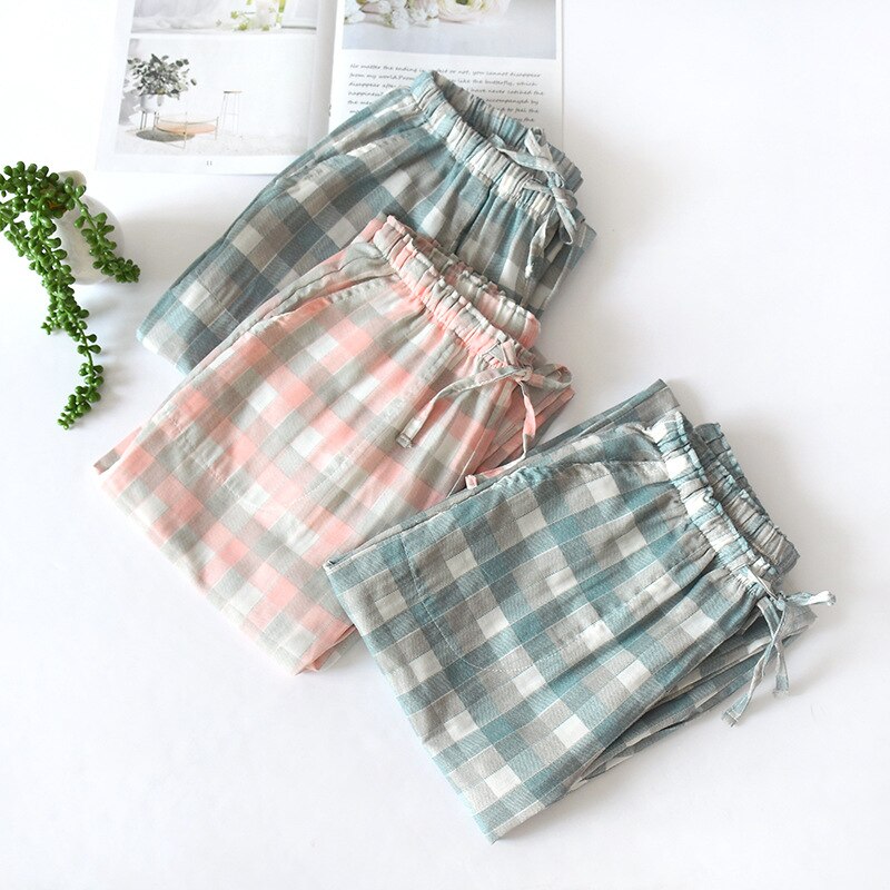 Autumn Women Pajama Pants Casual Loose Pink Green Plaid Pajamas Trousers Comfy Breathable Female Sleep Bottoms Sleepwear