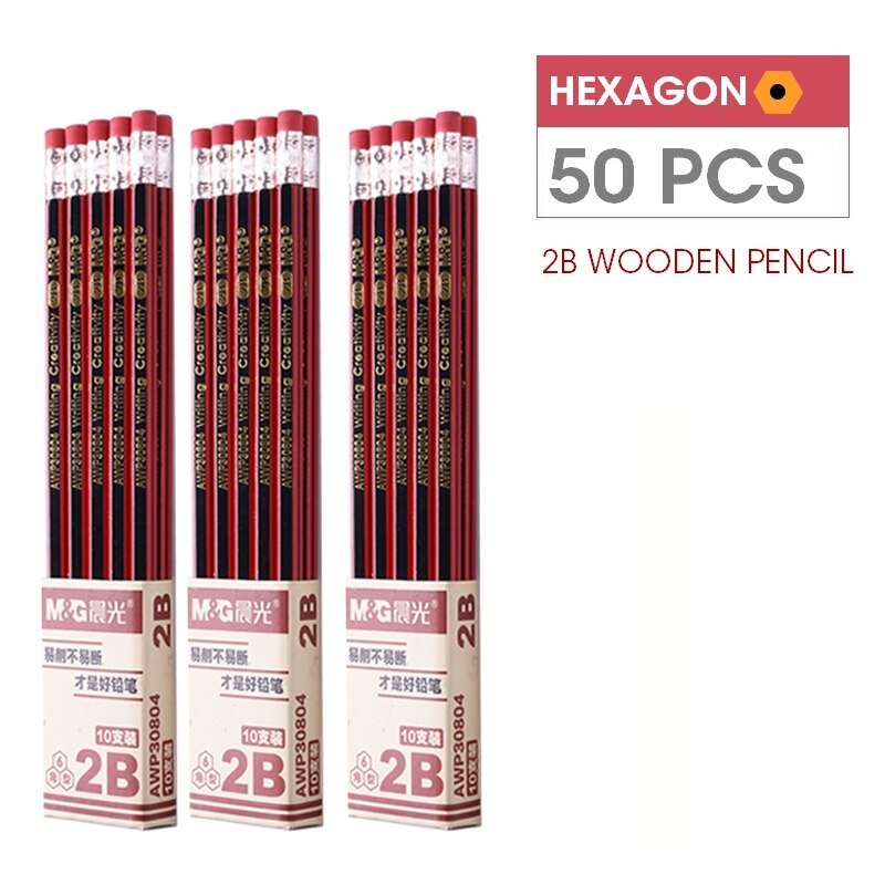 Andsty-lápiz de madera M &amp; G HB 2B 2H con sacapuntas gratis, lápiz de grafito de plomo de madera con goma de borrar para suministros de papelería escolar: 50pcs 2B Red