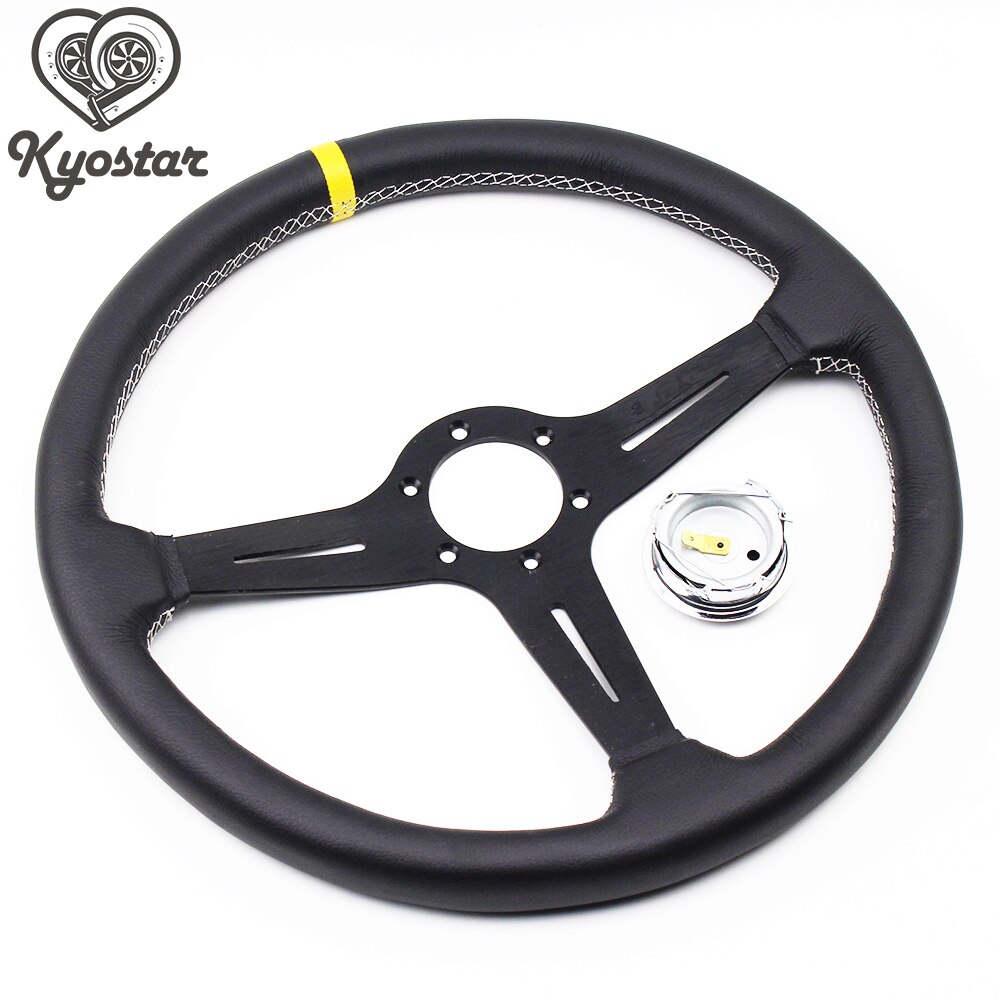 Universal 15 inch 380mm Classic Leather Steering Wheel with ND Horn: Black with logo