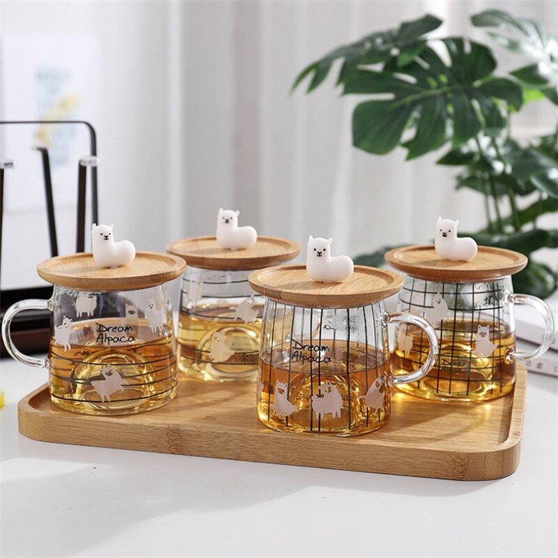 Nordic cute 3d alpaca glass mug with bamboo lock heat resistant transparent office milk coffee tea breakfast cup drinkware