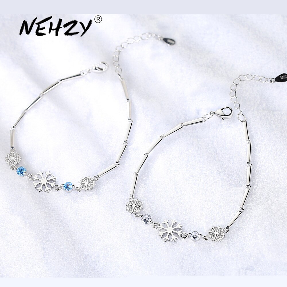 Nehzy s925 selo pulseira de prata moda jóias azul cristal floco de neve retro simples zircão primavera fivela pulseira 20.5cm