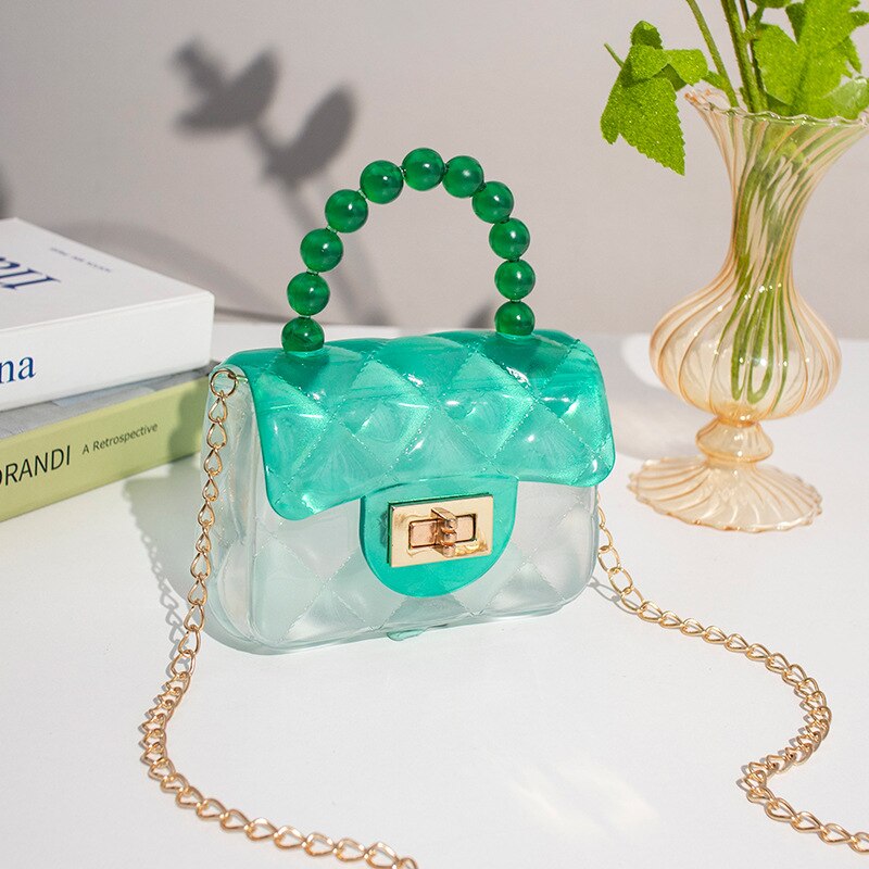 Mini sac à main en perles pour femmes, de petits sacs carrés en gelée, pochette à bandoulière de styliste avec chaînes de luxe: Green