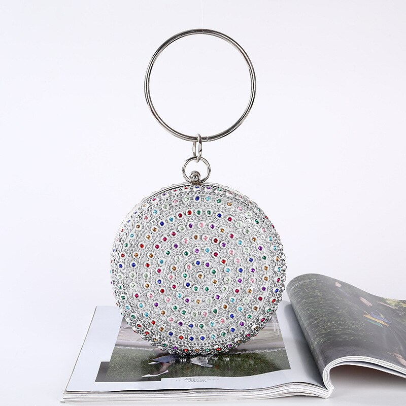 CICICUFF Bunte Diamant Abend Tasche Runde Ball Gold Kupplung Geldbörse Handtasche Hochzeit Braut Kette Umhängetasche: Silber