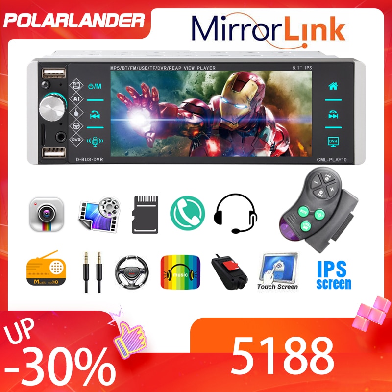 1din Mp5 Player Touch Car Radio Bidirectional Interconnection RDS AM FM 4-USB 5.1 Inches Support Android 10 Mirrorlink Bluetooth