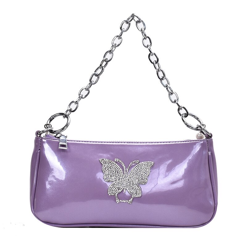 Vintage papillon perle chaîne femmes épaule bandoulière sacs diamant dames Baguette sacs à main sac d'aisselles soirée pochette sac à main: VIOLET