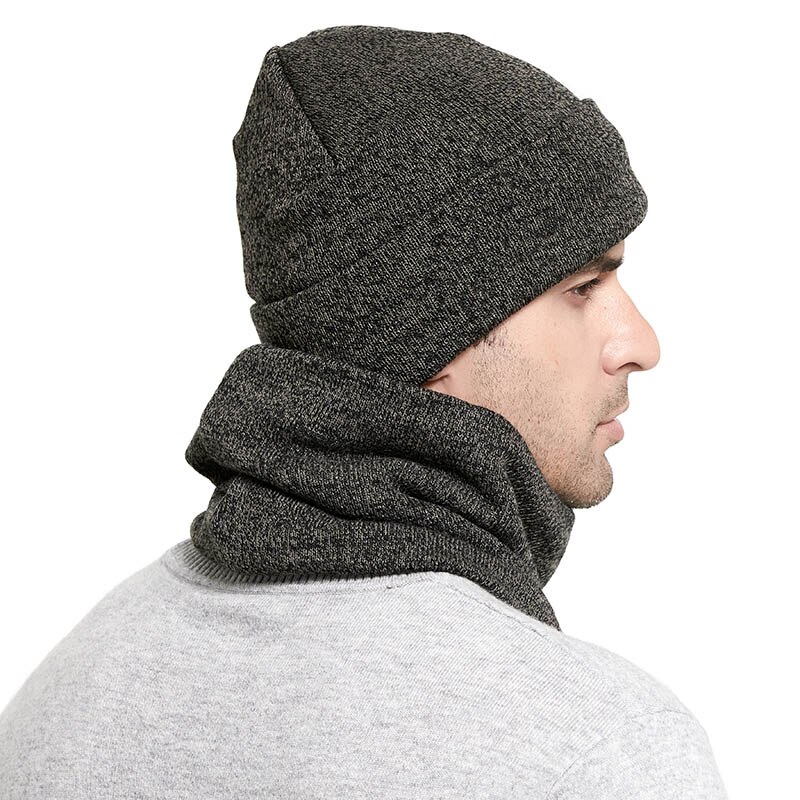 Vinter strikkede hatte tørklæde sæt tykne plus fløjl unisex varme beanies bløde mænd kvinder bomuld solid tørklæde hat kit