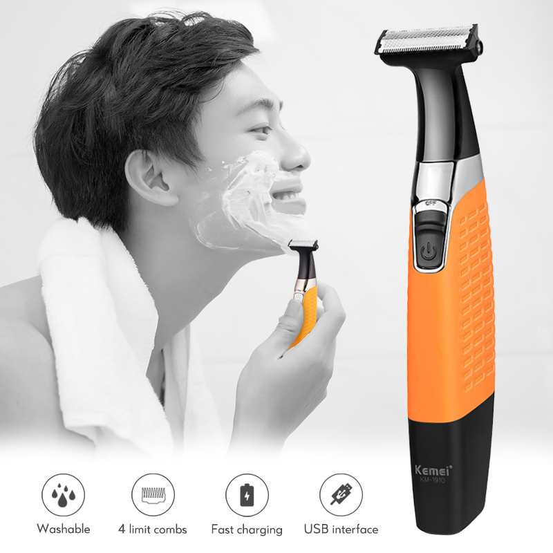 Kemei-Afeitadora eléctrica KM-1910 para hombres, recargable por USB recortador de barba, herramienta de afeitado Facial con una sola hoja, 47D