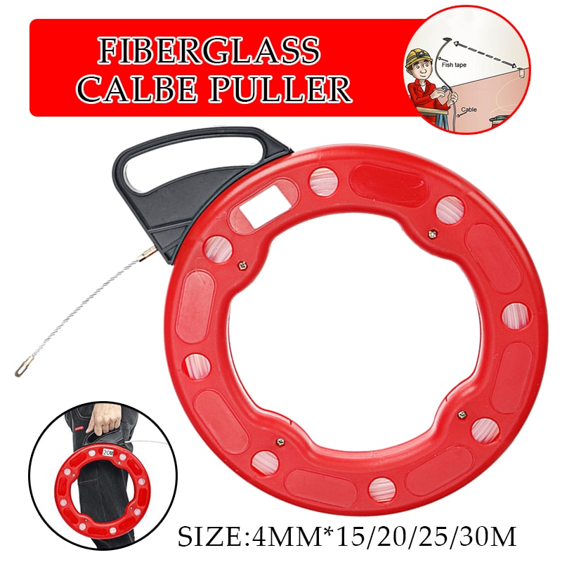 Carrete de cinta de pescar de fibra de vidrio, conducto de nailon de fibra de vidrio, rojo, 15-30M, 4mm, Cable de tracción, herramienta de pesca