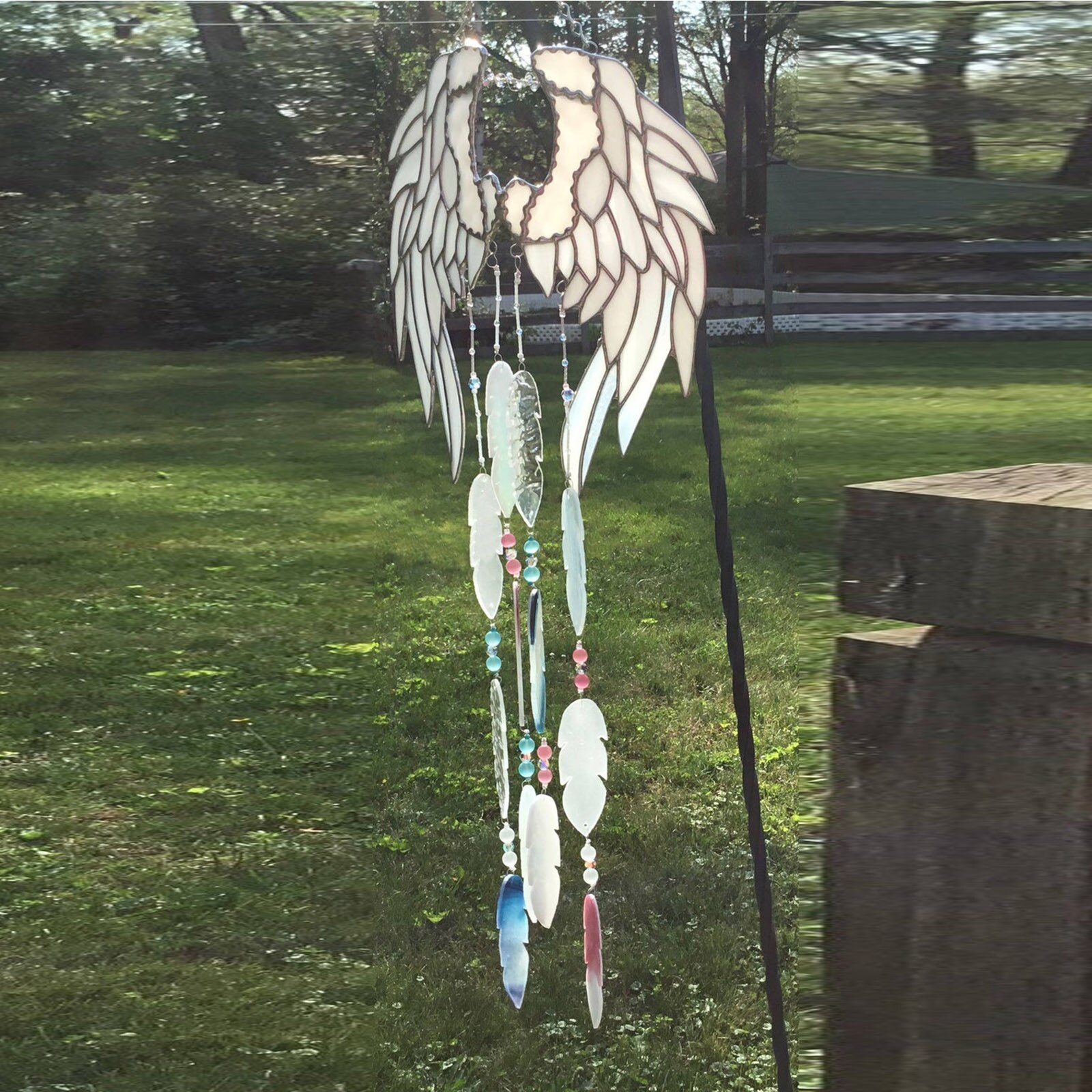 40# Outdoor Hanging Wind Chimes Garden Decoration Little Angel Feathers Wind Chime Stained Glass Handmade Garden Suncatchers
