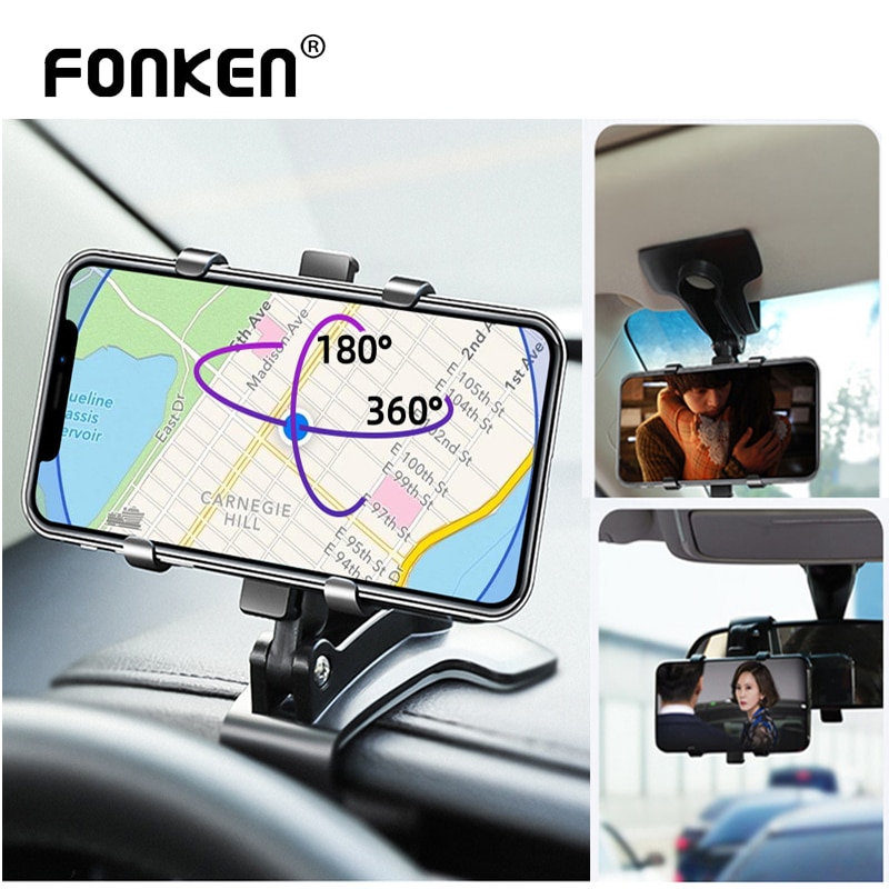 FONKEN Dashboard Car Phone Holder 360 Degree Mobile Smartphone Stands Rearview Mirror Sun Visor In Car GPS Navigation Bracket