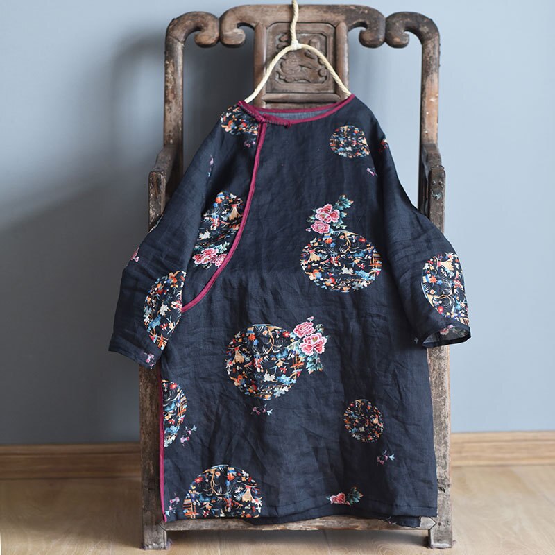Johnature Herfst Vintage Print Bloemen Shirts Voor Vrouwen Ramee O-hals Lange Mouw Blouses Losse Vrouwelijke Lange Shirts Tops: Black