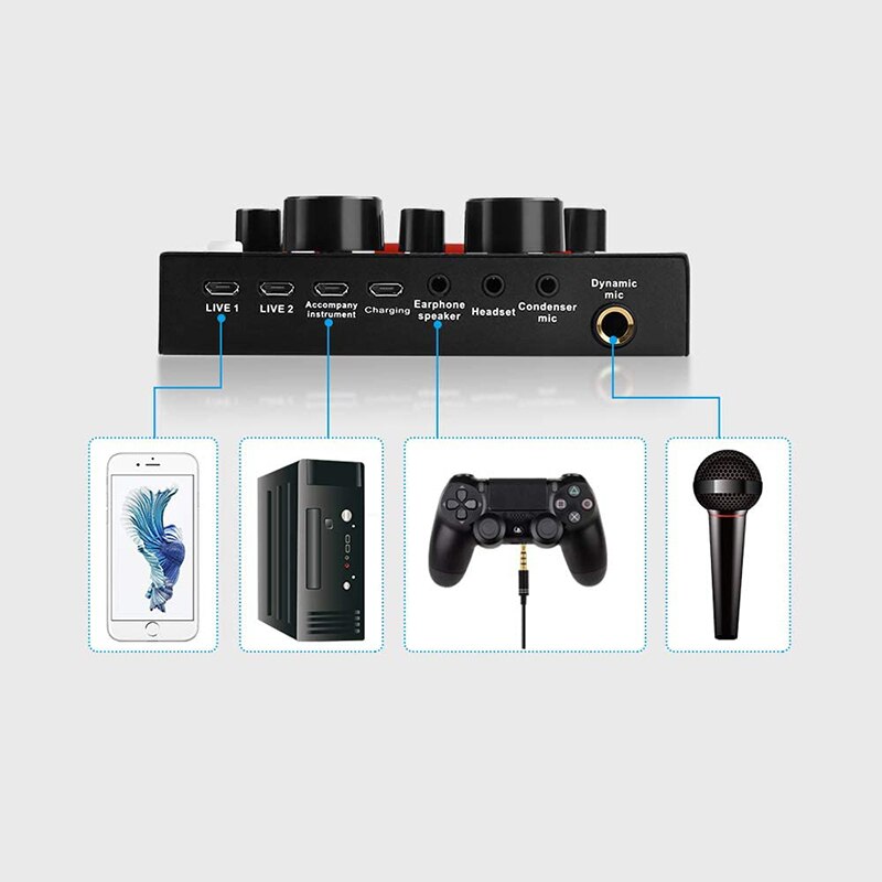 Carte son V8 ensemble Audio Interface externe Usb Microphone en direct carte son Bluetooth fonction pour ordinateur Pc téléphone portable chanter