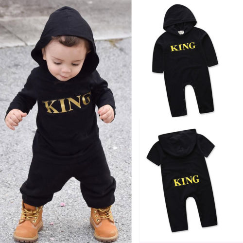 0-24M Pasgeboren Baby Jongen Romper Koning Brief Lange Mouwen Hooded Jumpsuit Trainingspak Outfits Babykleertjes